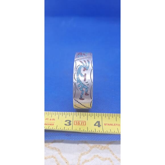 Sterling Silver Bangle Bracelet with Turquoise/Coral Chips- Kokopelli- Navajo - Picture 3 of 6